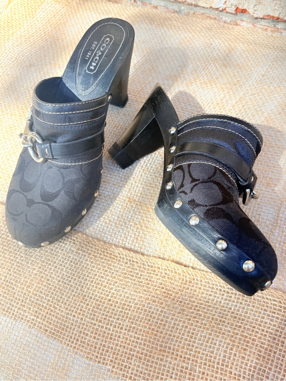 Coach Black Signature Clog Mules with Stud Accents